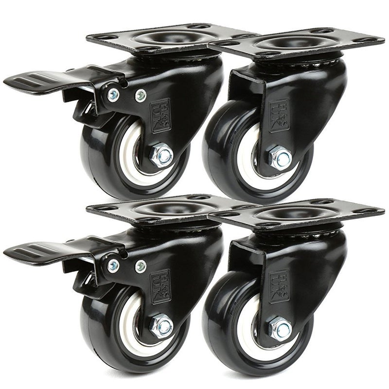 H&S Heavy Duty 2" Caster Wheels for Trolley Furniture - 4 Casters with Brakes for Outdoor Furniture â€“ Black Furniture Casters with Double Ball Bearing Swivel Heads